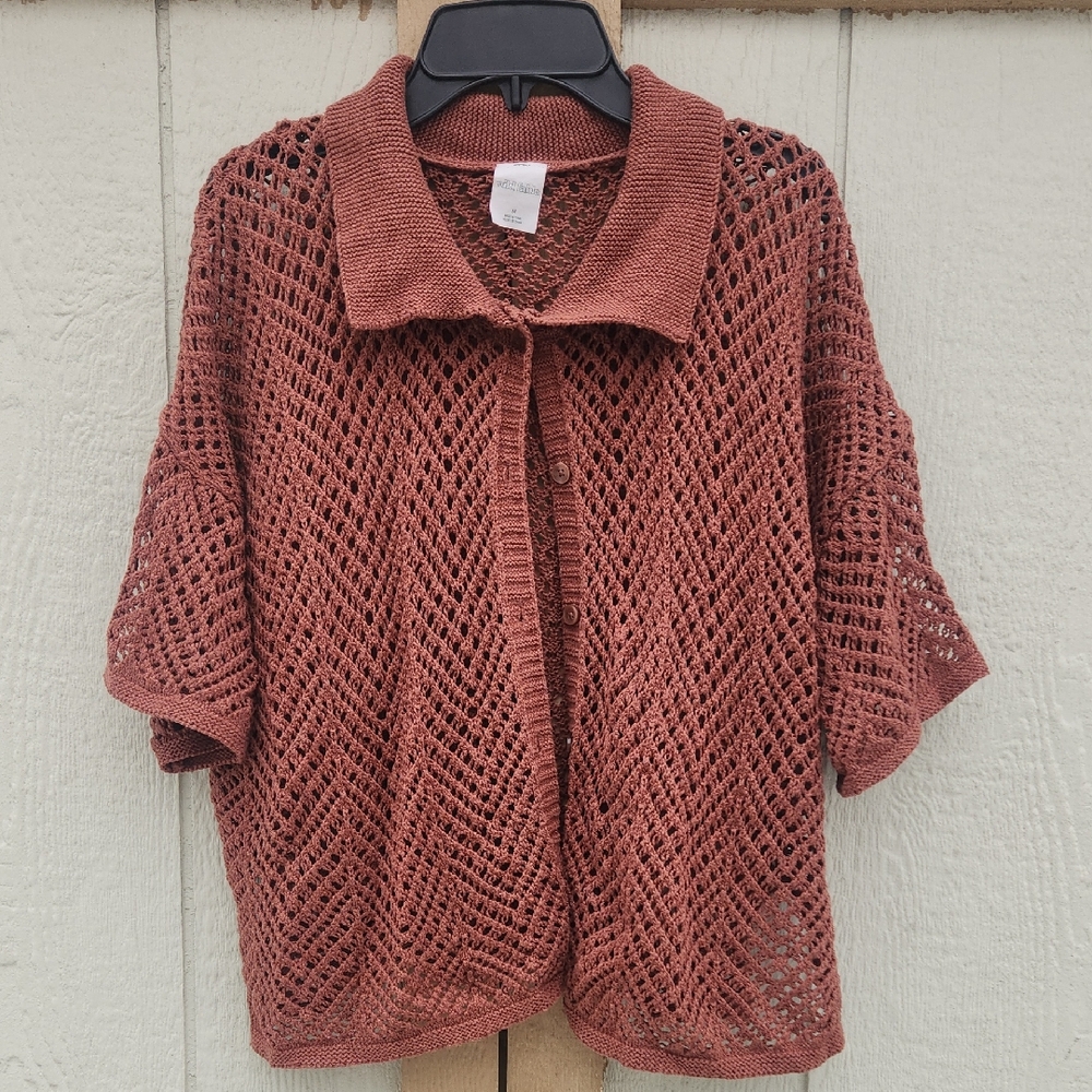 Open Knit Crocheted Fisherman Coastal Airy Grandpa Sweater Medium Earthy Shimmer - Picture 1 of 4